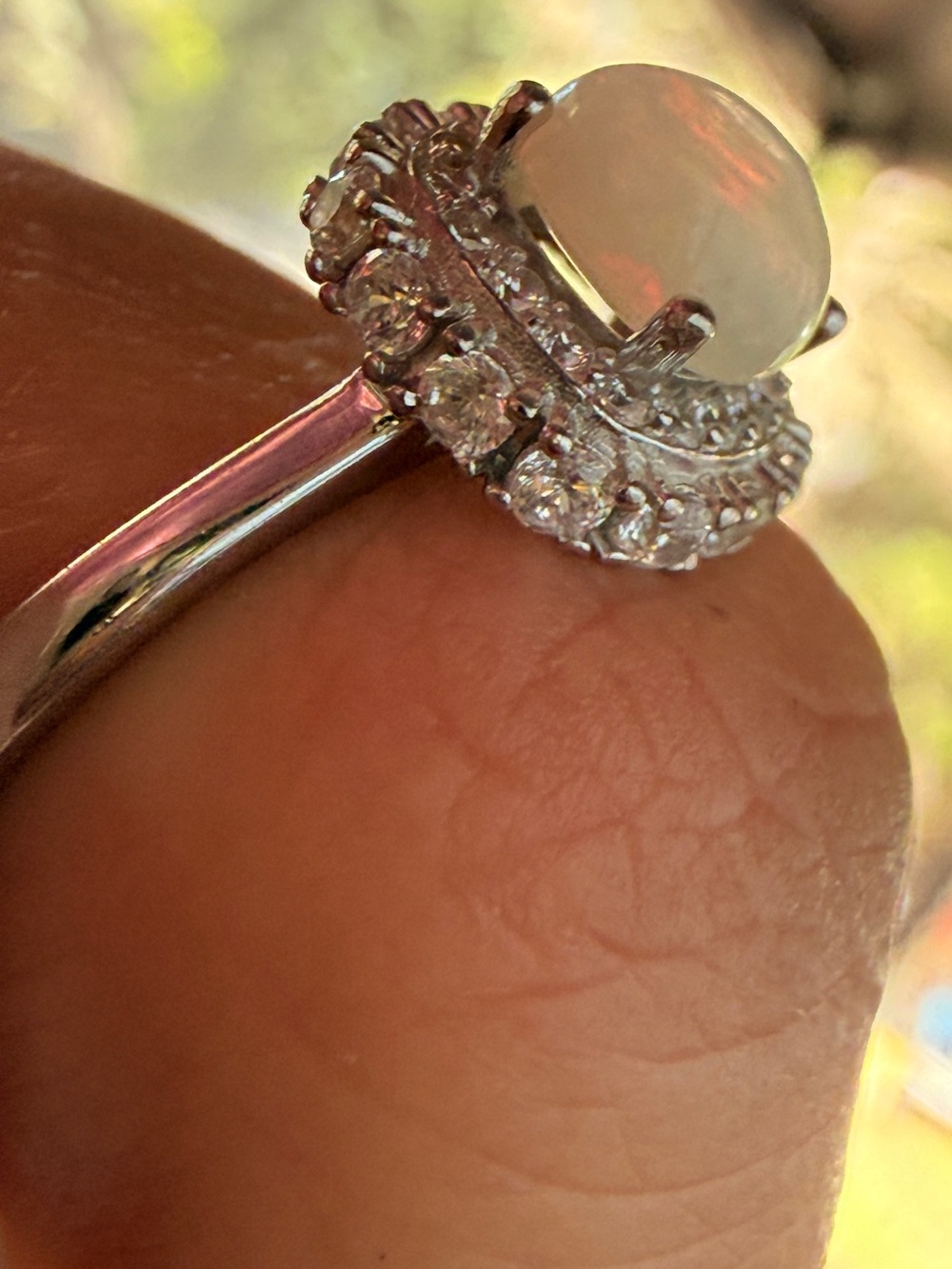 New✨ 14kt White Gold an Sterling Silver Natural Fire Opal Halo Ring Size 7